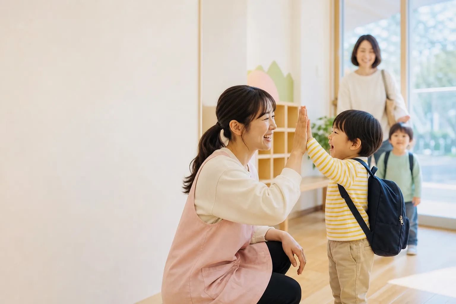 保育士と子どもたちが室内で遊ぶ様子